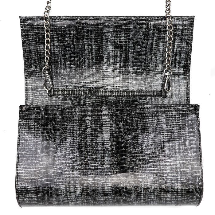 Leather women's clutch on the shoulder gray lacquered