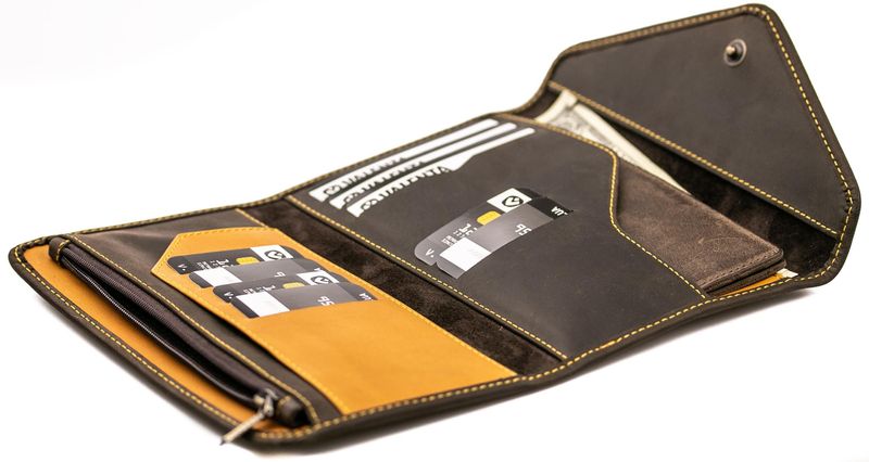 Шкіряний жіночий коричнево-жовтий гаманець-органайзер Envelope