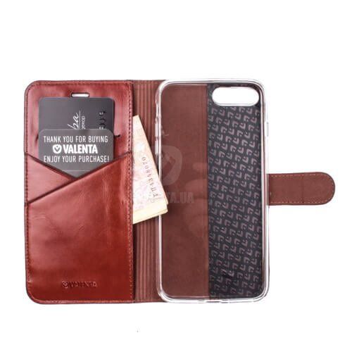 Кожаный коричневый чехол-книжка Valenta для iPhone 7 Plus/ 7s Plus/ 8 Plus с накладкой и карманами