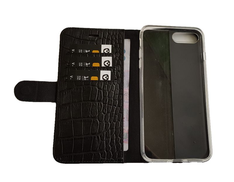 Кожаный черный чехол-книжка Valenta для iPhone 7 Plus/ 7S Plus/ 8 Plus с тиснением кроко, Черный