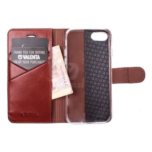 Кожаный коричневый чехол-книжка Valenta для iPhone 7/ 7s/ 8 с накладкой и карманами, Коричневий