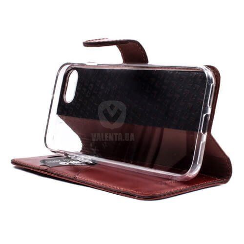 Кожаный коричневый чехол-книжка Valenta для iPhone 7/ 7s/ 8 с накладкой и карманами, Коричневый