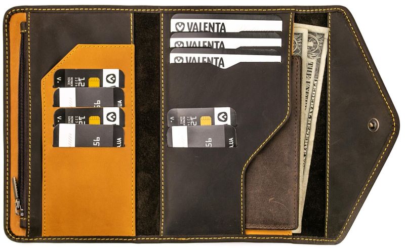 Шкіряний чоловічий коричнево-жовтий гаманець-органайзер Envelope